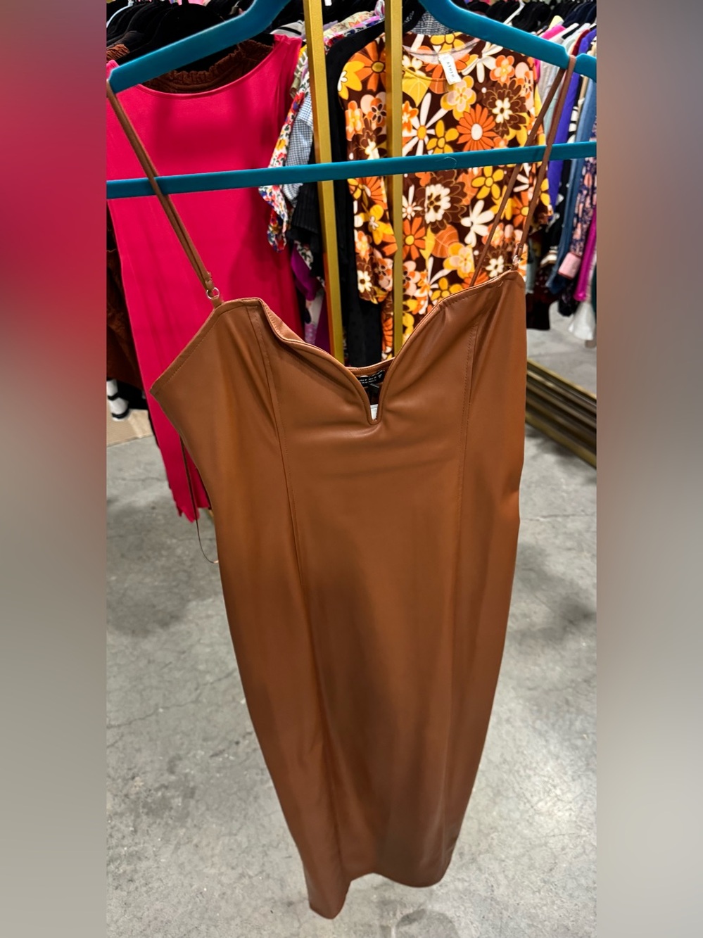 Brown Faux Leather Dress with Notch Front
